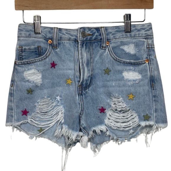 S.O.N.G Pants - SONG | Embroidered Super High Rise Distressed Denim Shorts Light Wash | Size 27